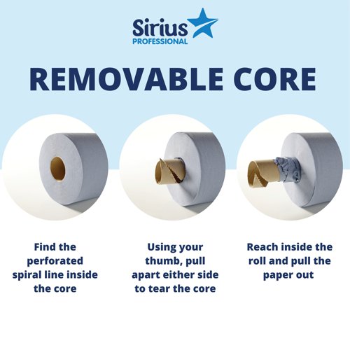 The Sirius 2-ply centrefeed rolls with a removable core. Provides great absorbency and effective cleaning qualities. Ideal for use in offices, schools, hospitals and restaurants for the diverse cleaning tasks that arise in any industry environment. One-handed centrefeed design ensures effortless dispensing, without the need to contact the roll or dispenser, reducing the risk of cross-contamination. Each roll is 166mm wide and 150 metres long. Pack contains 6 rolls. Suitable for use in centrefeed dispensers.