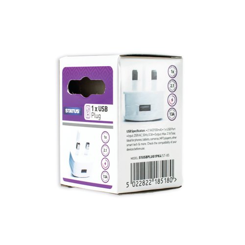 Power Adapter Plug USB Type A 5V DC 2.1 Amp S1USBPLUG1PK4 STS18518 Buy online at Office 5Star or contact us Tel 01594 810081 for assistance