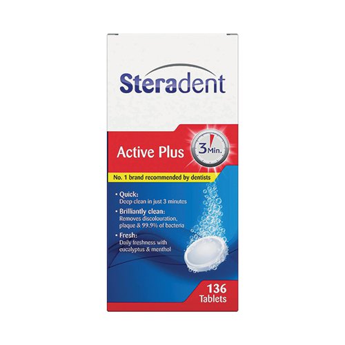 Steradent active plus denture cleaner hygienically cleans dentures in just 3 minutes. The formula activates thousands of micro bubbles that carry the active oxygen all around the denture killing 99.9% of bacteria. Steradent Active Plus daily denture cleaning provides a powerful in-depth clean, working where the toothbrush can't go and removing 50% more plaque than brushing alone. The formula is safe for metal parts and also suitable for both full and partial dentures. Always read the instructions before use. Supplied in a pack of 136 tablets.