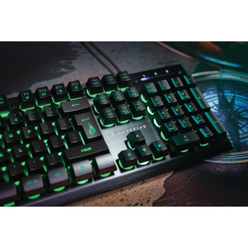 With eye-catching RGB lighting and a metal frame to withstand the toughest of battles, the SureFire KingPin X2 gaming keyboard has the looks and the muscle for any gaming set up. Featuring a tough aluminium front panel, the KingPin X2 is primed for battle. Combined with its strong 1.8m braided cable and a lifetime of 10 million key hits, it will withstand even the roughest of games. The five lighting modes and adjustments for speed and intensity means players can set the lighting ambience to match the game scenario. The 12 multimedia function keys make it possible to control sound volume or lighting quickly and easily from the keyboard; play and pause music; or, open mail or web browsers. Delivering accuracy and control in game play with its 25 anti-ghosting keys, even when several keys are pressed simultaneously, the SureFire KingPin X2 is built to last.