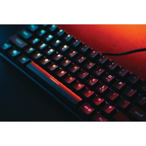 The KingPin M1 is ideal for streamlined setups where desk space is at a premium. Perfect for taking to events, LAN parties or tournaments, the powerful software allows gamers to set functions for every key, create and manage macros, and disable keys for improved game play. The red mechanical switches have a linear travel, combined with minimal spring force, resulting in a smooth keypress that is ideal for performance gamers. With a superfast 1ms response time and 50 million keystrokes guaranteed, the SureFire KingPin M1 will not let you down. Delivering all the functionality of a regular gaming keyboard, compressed neatly to 60%, it does not lose functionality because all missing inputs are still accessible via secondary functions and shortcuts. Ideal for all those gamers who prefer minimalistic and compact set ups. The RGB lighting offers a multitude of colour options that can be programmed with the supplied software. Featuring six active lighting modes including a customised option; and adjustments for speed and intensity; players can set the lighting ambience to match the game scenario and bring everything to life.