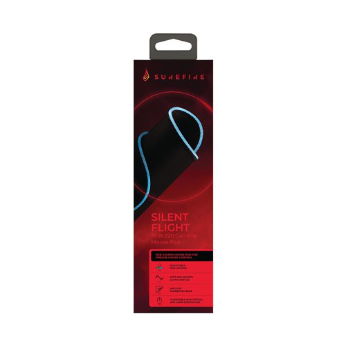 SUF48812 | The SureFire Silent Flight Gaming Mouse Pad works with optical and laser mice sensors. Optimised for all sensitivity settings. The micro textured cloth surface provides balance of speed and control and the anti slip rubberized base guarantees grip. The RGB illuminated edges are USB powered and have 14 light modes. 320mm x 260mm.