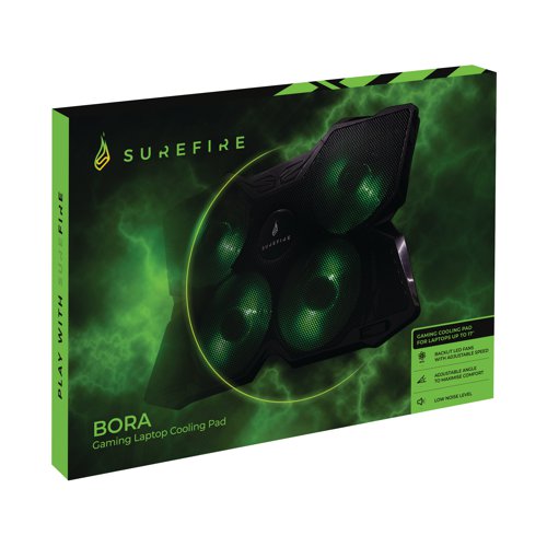 SureFire Bora Gaming Laptop Cooling Pad is suitable for laptops from 12 to 17 inches. The four adjustable green LED illuminated fans achieve a cooling speed of up to 1200RPM. It has two different viewing angles, a non slip base and two hinged stoppers to secure the laptop. There is also an additional USB port. System Requirements: Notebook with USB port or power supply with USB 2.0 and higher (5V/500mA) USB 3.2 Gen 1 or USB 2.0.