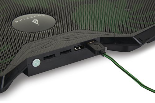 SUF48818 | SureFire Bora Gaming Laptop Cooling Pad is suitable for laptops from 12 to 17 inches. The four adjustable green LED illuminated fans achieve a cooling speed of up to 1200RPM. It has two different viewing angles, a non slip base and two hinged stoppers to secure the laptop. There is also an additional USB port. System Requirements: Notebook with USB port or power supply with USB 2.0 and higher (5V/500mA) USB 3.2 Gen 1 or USB 2.0.