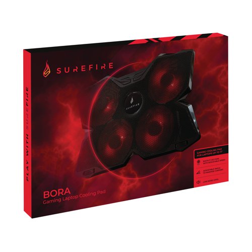 SureFire Bora Gaming Laptop Cooling Pad is suitable for laptops from 12 to 17 inches. The four adjustable Red LED illuminated fans achieve a cooling speed of up to 1200RPM. It has two different viewing angles, a non slip base and two hinged stoppers to secure the laptop. There is also an additional USB port. System Requirements: Notebook with USB port or power supply with USB 2.0 and higher (5V/500mA) USB 3.2 Gen 1 or USB 2.0.