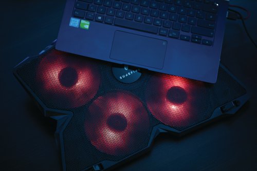 SUF48819 | SureFire Bora Gaming Laptop Cooling Pad is suitable for laptops from 12 to 17 inches. The four adjustable Red LED illuminated fans achieve a cooling speed of up to 1200RPM. It has two different viewing angles, a non slip base and two hinged stoppers to secure the laptop. There is also an additional USB port. System Requirements: Notebook with USB port or power supply with USB 2.0 and higher (5V/500mA) USB 3.2 Gen 1 or USB 2.0.