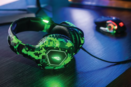 SUF48821 | The SureFire Skirmish Gaming Headset has LED illuminated sides and an edgy camouflage design. It is suitable for computer and console gaming and allows the user to play games, listen to music and enjoy sound on any platform. The omnidirectional and fully flexible microphone can be conveniently adjusted or muted on the left ear cup. System Requirements: 1 x 3.5mm stereo headphone jack slot-For PC use: Connect adapter with headset 3.5mm connector then plug into PC audio and mic jack Windows 10, 8, 7 Mac OS X 10.6 or higher USB 3.2 Gen 1 or USB 2.0 (type A) port or power supply with USB 2.0 and higher (5V/500mA) for lighting.