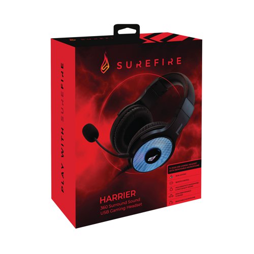 The SureFire Harrier 360 Surround Sound USB Gaming Headset with 7.1 virtual stereo surround sound has RGB lighting and a detachable microphone. It is universally compatible and has a lightweight design with large, soft leatherette ear pads, adjustable padded headband, and a detachable and flexible boom microphone. Mute, volume, and lighting controls are via the on cable remote control. Detachable and flexible boom microphone. Wide frequency response and low signal to noise ratio. System Requirements: USB-A port Windows 10, 8, 7 Mac OS X 10.5 or higher.