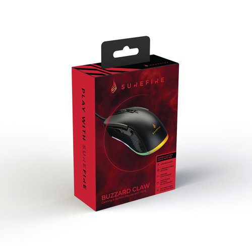 Super-fast and highly-sensitive, the SureFire Buzzard Claw Gaming Mouse delivers acute precision for gaming execution. With its 7000FPS sensor and an adjustable DPI of up to 7200, it delivers rapid response times and outstanding precision. Featuring an adjustable polling rate of up to 1000 Hz, it guarantees exceptional reactivity to set to the optimum level for any game and computer. The textured sides of the Buzzard Claw provide a secure grip and its advanced software configures to personal preference by programming the 6 buttons and assigning macros to save speed settings and light effects.
