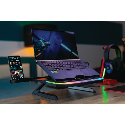 SUF48842 | The SureFire Portus X1 Gaming Laptop Stand has nine viewing angles which allows easy positioning of laptops, Macs or tablets for those long gaming sessions. Featuring foldable stand legs which raise the platform to two height levels for the perfect eye line while providing storage space for the keyboard and mouse underneath. No more hunching, neck stiffness, back pain, shoulder pain or eye strain, just lots of play in ergonomic comfort. Made from high quality ABS and metal, the Portus can support laptops up to 10kg (22lbs) and 10-17.3 inches in size.