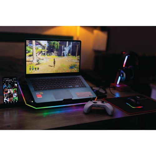 Keeping cool during game play can be vital. Designed for laptops of up to 17 inches, the SureFire Bora X1 Gaming Laptop Cooling Pad with RGB keeps temperatures down during those long gaming sessions. For optimal comfort, the cooling pad can be set to 5 different viewing angles, and the non-slip base ensures a stable platform for those critical gaming moments. With the option of a phone holder to keep comms near to hand, the Bora X1 cooling pad can be set to 6 different lighting modes to suit the mood of the environment to the game. With overheating being a major cause of laptop performance issues and component failure, the Bora X1 cooling pad will maximize the lifespan of laptops.