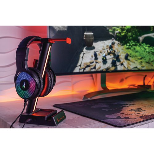 Clip to the desk, keeping gaming gear neatly arranged. The Vinson headset stand features an anti-slip rubber base so that it can be positioned anywhere to offer more space for gaming. The retractable rack can hold one or two headsets, saving space around the play area. Featuring a built-in phone stand, cable tidy and small storage area to keep everything organised, the unique clip-on gaming headset stand will declutter and organise any desk space. The six different LED light modes provide plenty of options to set the perfect mood for gaming, whether it is the multicoloured rainbow effect or the single colour theme.