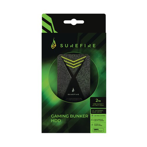 SureFire Bunker Gaming HDD 2.5in USB 3.2 Gen1 2TB Black 50 Games 53682 SUF53682