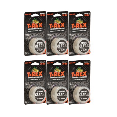 T-Rex Clear Mounting Tape, with its ferociously strong adhesive, offers a heavy duty, double-sided permanent bond to a variety of surfaces in all-weather environments. T-Rex Mounting Tape is a quick and easy alternative to nails, screws, staples or glue while still getting the same holding power.