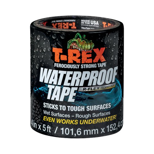 T-Rex Waterproof Tape is backed with enhanced with R-Flex Technology for greater durability. The extra thick butyl-based adhesive is durable, flexible and UV resistant for long lasting repairs. Waterproof and built to withstand extreme temperatures from -70 to 200 degrees F. Measuring 100mm (Width) x 1.5m (Length), this black tape is supplied in a pack of 6.