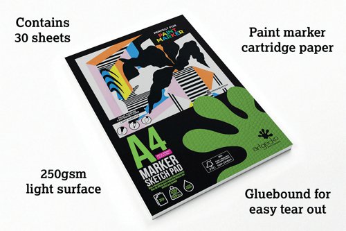 SV00283 | Designed for paint markers, this A4 Silvine Artgecko paint pad contains 30 pages of heavyweight, 250gsm, paper sheets. The pages are made from acid-free, bleed-proof, white paper with a light surface, making it perfect for paint markers.