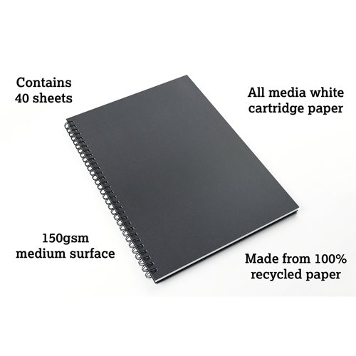 SV00418 | This British made, A3, portrait sketchbook contains 40 sheets (80 pages) of 150gsm, acid free, premium white, recycled cartridge paper. The medium surface makes it suitable for all types of media. Encased in a sturdy, black, hardback cover with a 'soft touch' laminated finish, the notebook is both durable and easy to clean. The paper is sized for wet strength, making it more resistant to bleed through and suitable for a variety of techniques. The large twin wire binding allows the sketchbook to lay flat whilst working and offers space for the sketchbook to expand as it fills with creations. Sourced from sustainable forests, this climate friendly notebook is the perfect choice for anyone looking to be more conscious about the environment.