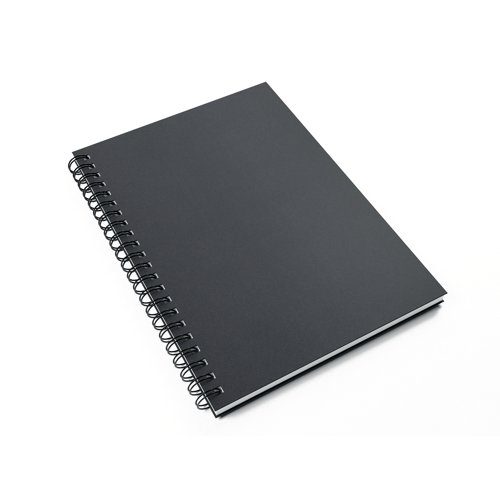 SV00419 | This British made, A4, portrait sketchbook contains 40 sheets (80 pages) of 150gsm, acid free, premium white, recycled cartridge paper. The medium surface makes it suitable for all types of media. Encased in a sturdy, black, hardback cover with a 'soft touch' laminated finish, the notebook is both durable and easy to clean. The paper is sized for wet strength, making it more resistant to bleed through and suitable for a variety of techniques. The large twin wire binding allows the sketchbook to lay flat whilst working and offers space for the sketchbook to expand as it fills with creations. Sourced from sustainable forests, this climate friendly notebook is the perfect choice for anyone looking to be more conscious about the environment.