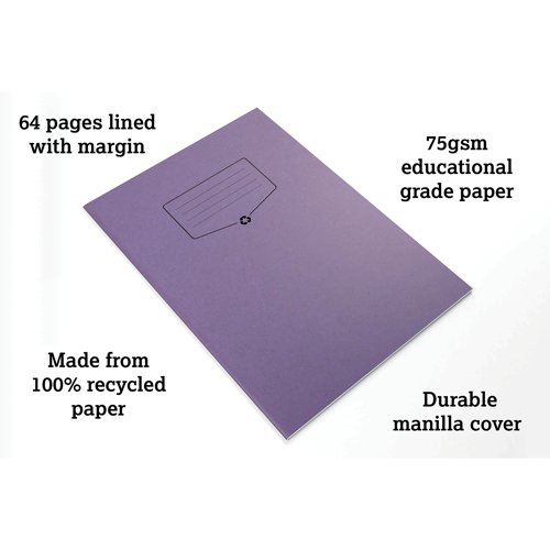 Designed for classroom use, this Silvine exercise book features 64 quality 80gsm pages, which are feint ruled with a margin for neat note-taking. The book has purple manilla covers, which can be used to colour coordinate lessons and learning. This pack contains ten A4 exercise books made from 100% recycled materials, produced in the United Kingdom.