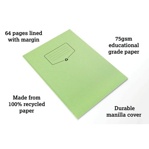 Silvine Recycled Exercise Book Lined with Margin 64 Pages A4 Green (Pack of 10) EXRE102 - Sinclairs - SV00553 - McArdle Computer and Office Supplies