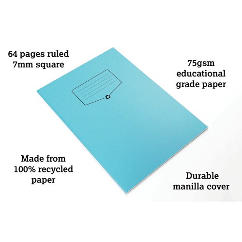 Designed for classroom use, this Silvine exercise book features 64 quality 80gsm pages, with 7mm squares for mathematics and graphs. The book has a blue manilla cover, which can be used to colour coordinate lessons and learning. This pack contains ten A4 exercise books made from 100% recycled materials, produced in the United Kingdom.