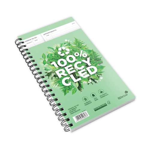 This notebook contains 120 pages pre-printed with 'Things to do' to aide those who enjoy making lists to organise their time. Measuring 280mm x 150mm, the climate friendly notebook is made from 100% recycled materials, printed with eco ink on paper. The notebook is wirebound, allowing it to lie flat when open for ease of use and is ideal for students, home and office use.