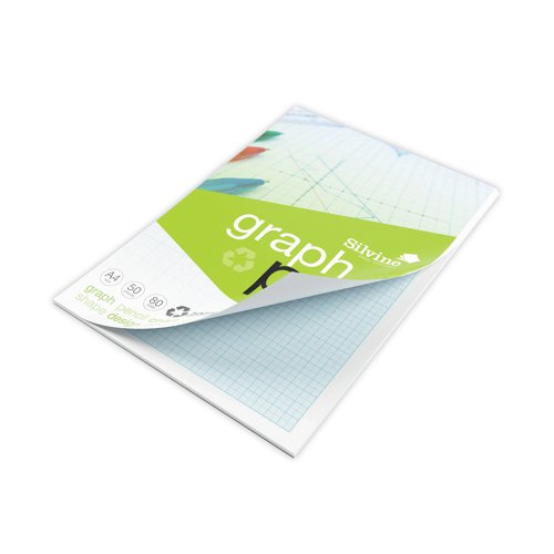 This A4, recycled graph pad from Silvine contains 50 sheets of premium 80gsm, 100% recycled white paper. Featuring a a white border, the pages are printed with blue lines every 1mm, 5mm and 10mm in varying thickness for easier measurements. This climate friendly pad is 100% recycled, making it the perfect choice for anyone looking to be more conscious about the environment. Glue bound for easy page removal, the binding allows the pad to lay completely flat, making plotting charts easy.