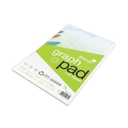 This A4, recycled graph pad from Silvine contains 50 sheets of premium 80gsm, 100% recycled white paper. Featuring a a white border, the pages are printed with blue lines every 1mm, 5mm and 10mm in varying thickness for easier measurements. This climate friendly pad is 100% recycled, making it the perfect choice for anyone looking to be more conscious about the environment. Glue bound for easy page removal, the binding allows the pad to lay completely flat, making plotting charts easy.