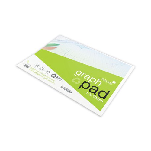 This A3, recycled graph pad from Silvine contains 50 sheets of premium 80gsm, 100% recycled white paper. Featuring a a white border, the pages are printed with blue lines every 1mm, 5mm and 10mm in varying thickness for easier measurements. This climate friendly pad is 100% recycled, making it the perfect choice for anyone looking to be more conscious about the environment. Glue bound for easy page removal, the binding allows the pad to lay completely flat, making plotting charts easy.