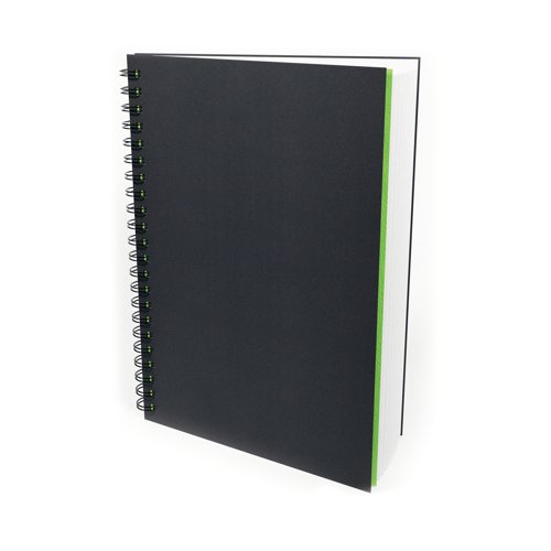 SV03577 | This British made, A4, portrait sketchbook contains 40 sheets (80 pages) of 150gsm, acid free, premium white cartridge paper. The medium surface makes it suitable for all types of media. Encased in a sturdy, black, hardback cover with a 'soft touch' laminated finish, the notebook is both durable and easy to clean. The paper is sized for wet strength, making it more resistant to bleed through and suitable for a variety of techniques. The large twin wire binding allows the sketchbook to lay flat whilst working and offers space for the sketchbook to expand as it fills with creations. Sourced from sustainable forests, this climate friendly notebook is the perfect choice for anyone looking to be more conscious about the environment.