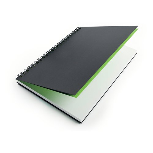 This British made, A4, portrait sketchbook contains 40 sheets (80 pages) of 150gsm, acid free, premium white cartridge paper. The medium surface makes it suitable for all types of media. Encased in a sturdy, black, hardback cover with a 'soft touch' laminated finish, the notebook is both durable and easy to clean. The paper is sized for wet strength, making it more resistant to bleed through and suitable for a variety of techniques. The large twin wire binding allows the sketchbook to lay flat whilst working and offers space for the sketchbook to expand as it fills with creations. Sourced from sustainable forests, this climate friendly notebook is the perfect choice for anyone looking to be more conscious about the environment.