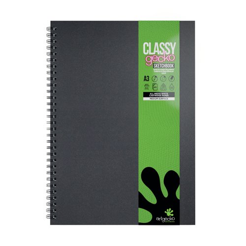 SV03579 | This British made, A3, portrait sketchbook contains 40 sheets (80 pages) of 150gsm, acid free, premium white cartridge paper. The medium surface makes it suitable for all types of media. Encased in a sturdy, black, hardback cover with a 'soft touch' laminated finish, the notebook is both durable and easy to clean. The paper is sized for wet strength, making it more resistant to bleed through and suitable for a variety of techniques. The large twin wire binding allows the sketchbook to lay flat whilst working and offers space for the sketchbook to expand as it fills with creations. Sourced from sustainable forests, this climate friendly notebook is the perfect choice for anyone looking to be more conscious about the environment.