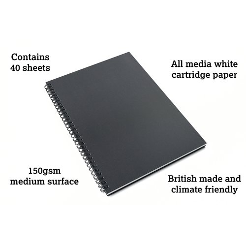 This British made, A3, portrait sketchbook contains 40 sheets (80 pages) of 150gsm, acid free, premium white cartridge paper. The medium surface makes it suitable for all types of media. Encased in a sturdy, black, hardback cover with a 'soft touch' laminated finish, the notebook is both durable and easy to clean. The paper is sized for wet strength, making it more resistant to bleed through and suitable for a variety of techniques. The large twin wire binding allows the sketchbook to lay flat whilst working and offers space for the sketchbook to expand as it fills with creations. Sourced from sustainable forests, this climate friendly notebook is the perfect choice for anyone looking to be more conscious about the environment.