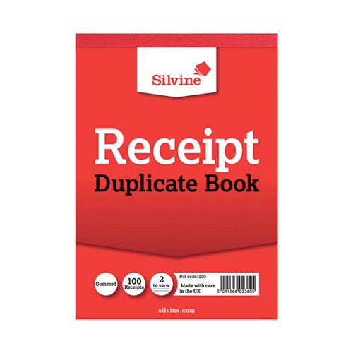 Silvine Duplicate Receipt Book 105x148mm Gummed (Pack of 12) 230 | SV42360 | Sinclairs