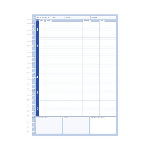 SV43518 | This extensive Silvine Academic Planner and Record is designed for teachers and contains 6 periods per page with sections for duties, meetings, expenses and timetables. With 204 day planner pages and a grade section for up to 40 students, this teacher planner provides detailed organisation. The planner also comes with a fold out academic year planner with world map and a ribbon marker for keeping your place. This pack contains one 6 period planner with blue pressboard inner covers and durable polypropylene outer covers.