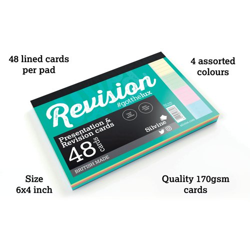 Silvine 48 Revision Lined Notecard Pad, Multi-Coloured, Pack of 20x48. Use these revision and presentation cards to jog your memory of important points during meetings and during preparation for exams. The lined cards measure 152 x 101mm (6" x 4") and so easily fit in a pocket or bag.