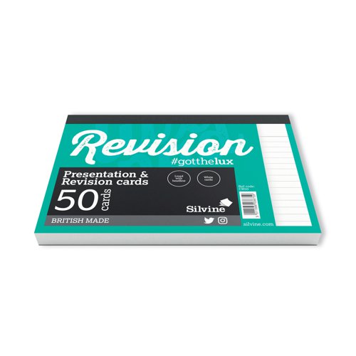 Silvine 50 Revision Lined Notecard Pad, White, Pack of 20x50. Use these revision and presentation cards to jog your memory of important points during meetings and during preparation for exams. The lined cards measure 152 x 101mm (6" x 4") and so easily fit in a pocket or bag.