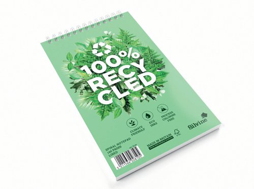 SV94964 | This premium 100% recycled reporter's notebook contains 160 pages of high quality 80gsm paper. The pages are ruled for neat note-taking and the wire binding allows the notebook to lie flat for easy use. This pack contains 3 green notebooks measuring 125 x 203mm (5 x 8 inches).