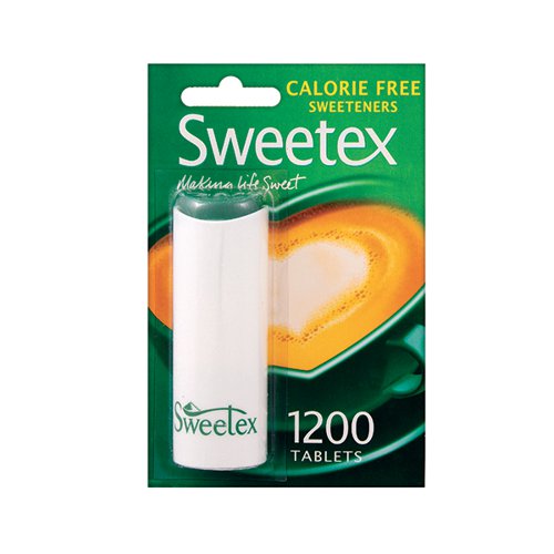 SWX00302 | Sweetex tablets are ideal for people wishing to cut down on sugar, as part of a healthier lifestyle with a balanced diet. One Sweetex tablet is equivalent in sweetness to a 5g teaspoon of sugar but with none of the calories. Use Sweetex tablets instead of sugar in hot and cold drinks. Supplied in a single tub of 1200 tablets.