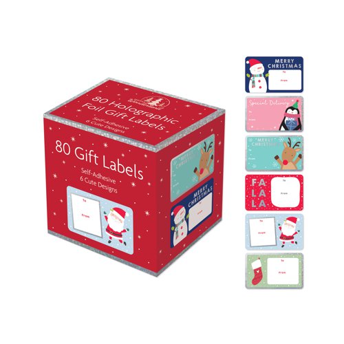 TA04963 | Christmas self-adhesive gift labels. Cute designs, with a holographic foil finish. 6 assorted designs. Each supplied in an individual box. 24 boxes packaged in a CDU for retail display.