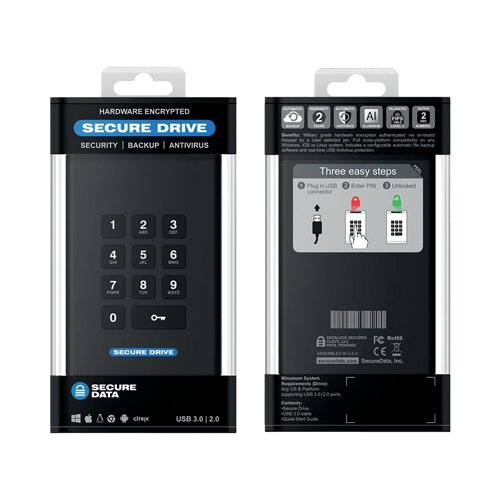 SecureDrive KP Hardware Encrypted External Portable Hard Drive 4TB with Keypad SD-KP-20-BL4000 - TD00768