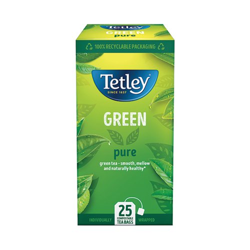 Tetley Pure Green Tea Bags Finest European-sourced Individually-wrapped [Pack 25]
