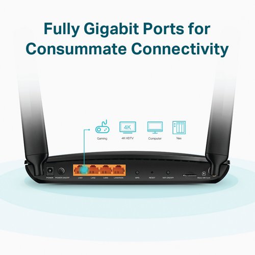 The TP-Link AC1200 4GPlus Cat6 Wireless Dual Band Gigabit Router allows you to share a 3G/4G connection with many wireless devices, such as phones, tablets, and laptops, at the same time. 4 LAN ports stand ready to provide internet for wired devices like desktop computers. Simply plug in your SIM card and enjoy HD movies without interruption, downloading files in seconds, and smooth online gaming. The fully gigabit ethernet ports provide warp speeds and reliable connections for high-intensive wired devices such as your smart TV, game console, NAS, and more.