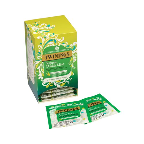 TQ52295 | Twinings Refresh Double Mint tea is a smooth blend of smooth peppermint with bursts of sweet spearmint. These loose leaf pyramid tea bags are individually wrapped for freshness and hygiene. Ideal for use in cafes, canteens and break-out areas. Each box contains 15 tea bags.