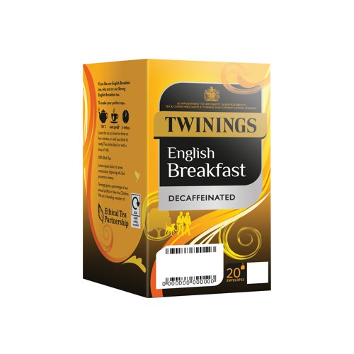 This robust blend of Assam, Kenyan and Ceylon teas has been carefully prepared and decaffeinated by the experts at Twinings, for a full-bodied cup packed with flavour, but without the caffeine. Like all Twinings tea, English Breakfast is made using tea from estates under the Ethical Tea Partnership. This pack contains 80 tea bags (supplied in 4 packs of 20 tea bags). Ideal for shared kitchens.
