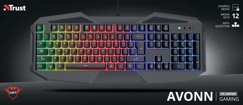 The Trust GXT 830-RW Avonn offers you a full-size layout gaming keyboard with 12 multimedia keys. The Avonn gaming keyboard will complete your gaming set-up with vivid colours. The LED lights are adjustable in brightness which makes the GXT 830-RW also perfect for gaming in darker times: choose your war colour or draw your enemies into your web with the alluring Rainbow Wave illumination. The keyboard has a full-size layout meaning that it is optimally designed for fast key entry. Featuring anti-ghosting technology to ensure you can game fast and accurately. You will remain in control even when you press up to 6 keys simultaneously. The Avonn has 12 direct access media keys, making it possible to control your music or the LED lighting of the keyboard. You can even play and pause music, start a search or change pages directly with the keys on your keyboard. The special game mode switch ensures that you will not return to your desktop accidentally when hitting the Windows key since it is disabled during those intense gaming sessions.