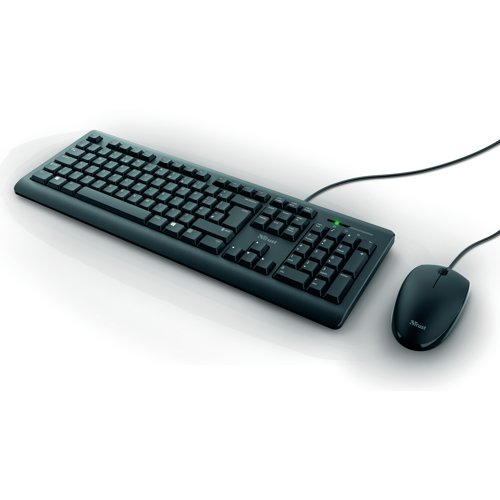 Trust TKM-250 Wired Keyboard and Mouse Set provides optimal efficiency and productivity, so you can work quickly. The full-size keyboard has a spill-resistant design keeping your keyboard safe from liquids. The fold-out feet adjust the keyboard's height, so you stay comfortable. The TKM-250 mouse can be used by either left or right handed users.