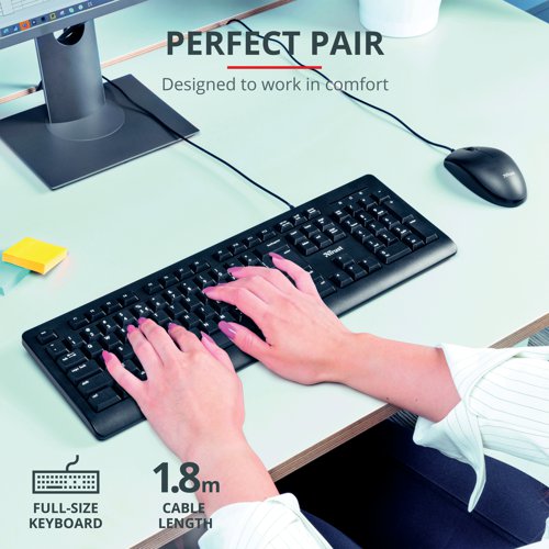 Trust TKM-250 Wired Keyboard and Mouse Set provides optimal efficiency and productivity, so you can work quickly. The full-size keyboard has a spill-resistant design keeping your keyboard safe from liquids. The fold-out feet adjust the keyboard's height, so you stay comfortable. The TKM-250 mouse can be used by either left or right handed users.