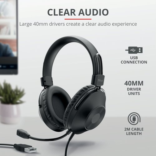 The Trust Ozo Over Ear Wired Headset is a comfortable headset that supports you throughout the day. With soft, over-ear pads and an adjustable headband, the Ozo stays comfortable even after long meetings. And thanks to the large 40mm drivers and flexible microphone, you will hear your colleagues just as clear as they will hear you. Equipped with a 2m long USB cable which allows for freedom of movement. There is even an inline remote integrated in the cable, so you can easily adjust the volume or the microphone.