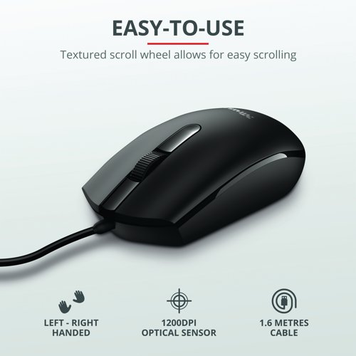 The Trust TM-101 Wired Mouse features a three-button configuration, scroll wheel and an optical sensor for reliable and responsive control. It offers multi-use plug and play operation with a standard wired USB connection. The mouse provides a comfortable fit in either hand.